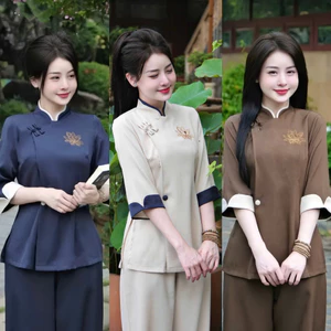 Pháp phục đi chùa THÊU SEN vải đũi thái, Pháp phục lễ chùa cổ tàu phối