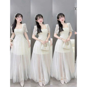 Đầm thời trang nữ chất ren hoa cổ vuông tay ngắn váy phối tùng lưới dài phủ chân duyên dáng lên chuẩn form
