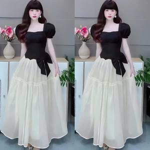 Đầm Váy Thiết Kế Dáng Dài Tay Phồng Đính Nơ Xinh Dễ Thương Cao Cấp Hot Trend Đi Dự Tiệc, Đi Chơi