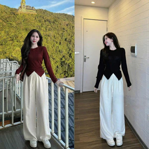 Set bộ áo thun gân cổ tròn ta dài vạt nhọn phối quần suông đũi 2 màu basic cho nàng đi chơi, đi làm, dạo phố nhẹ nhàng