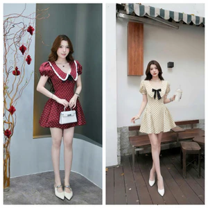 Đầm váy nữ chất mango chấm bi cổ sen phối bèo viền ren tay búp đính nơ đen to KÈM ẢNH THẬT dáng ngắn nhún eo sau có lót