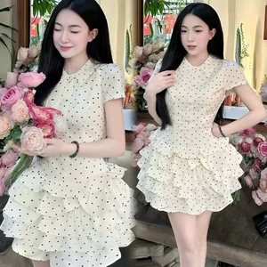 Đầm thời trang nữ style nhẹ nhàng chất mango 2 lớp in chấm bi tay ngắn cổ bẻ váy dáng mini xòe tầng siêu dễ thương