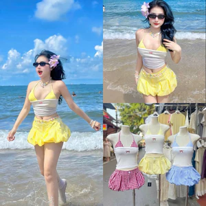 Set 3 Món Bikini Đi Biển Áo 2 Dây Kẻ Caro Kèm Quây Thêu Nơ Mix Quần Bí Phồng 4 Màu ( áo có mút ngực)