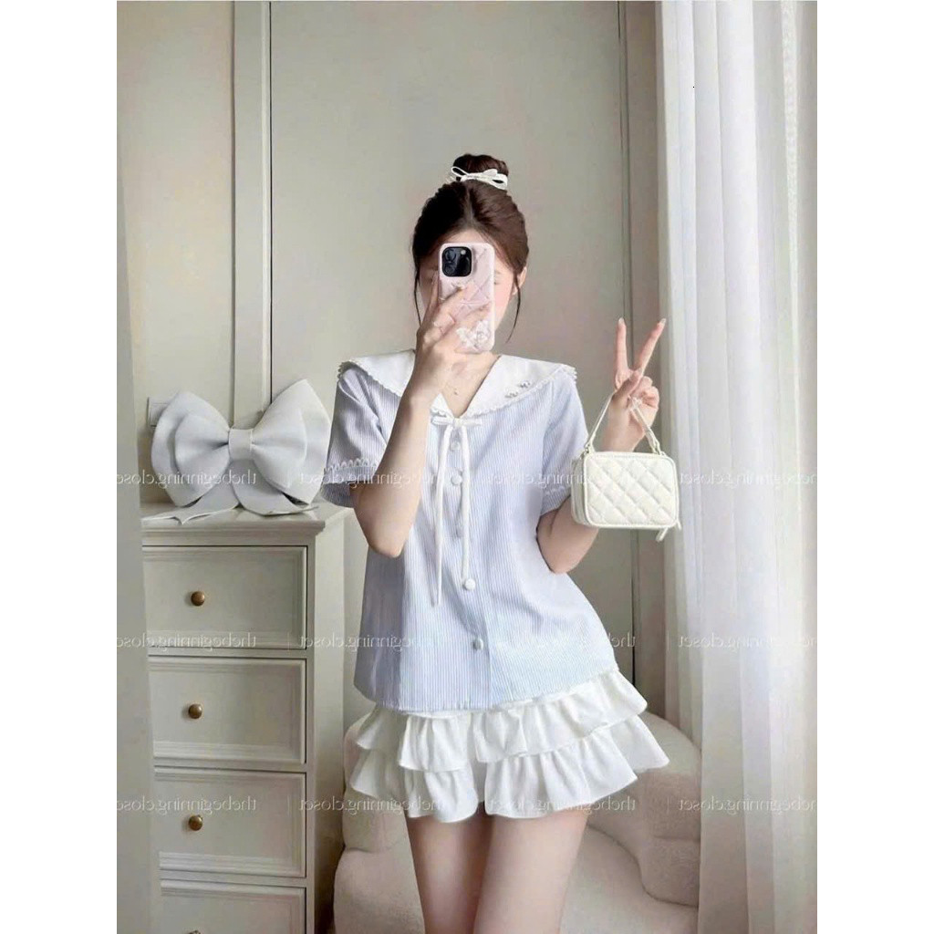 Set váy mini thời trang nữ chất áo Lụa mềm kẻ sọc không nhăn cổ thuỷ thủ chất Tuyết mưa tay ngắn váy dáng xoè xếp tầng