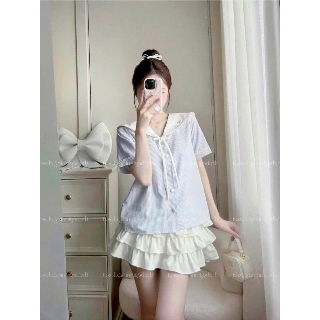 Set váy mini thời trang nữ chất áo Lụa mềm kẻ sọc không nhăn cổ thuỷ thủ chất Tuyết mưa tay ngắn váy dáng xoè xếp tầng