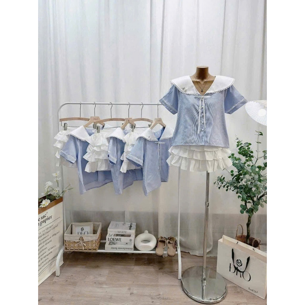 Set váy mini thời trang nữ chất áo Lụa mềm kẻ sọc không nhăn cổ thuỷ thủ chất Tuyết mưa tay ngắn váy dáng xoè xếp tầng