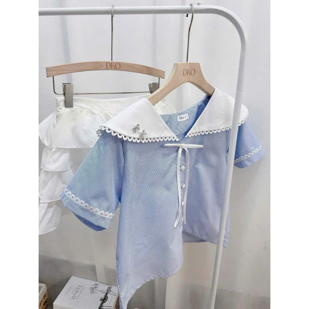 Set váy mini thời trang nữ chất áo Lụa mềm kẻ sọc không nhăn cổ thuỷ thủ chất Tuyết mưa tay ngắn váy dáng xoè xếp tầng