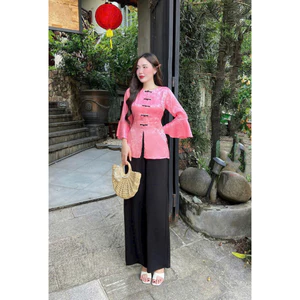 Set bộ bà ba mặc lễ tết, đi chùa áo chất gấm hoa cổ tròn tay loe kèm quần tuyết nhung ống rộng dài maxi siêu xinh