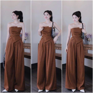 Set bộ thời trang Nữ nhã nhặn vải tuyết mưa mềm mát áo quây cúp xếp ly ngực tà lệch mix quần dài ống rộng thướt tha