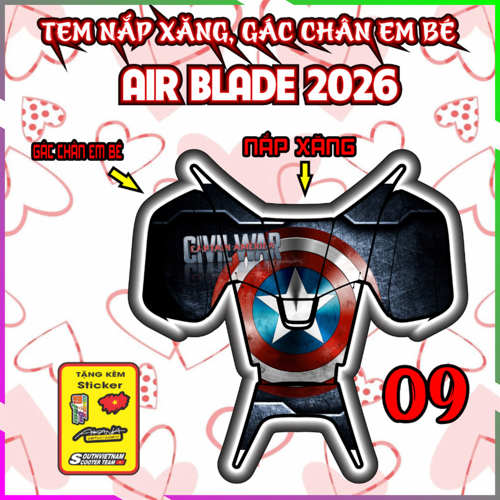 Combo Tem Dán Nắp Xăng, Gác Chân Em Bé Xe Air Blade 2026 Decal Tem Xe Sticker Trang TRí Nhãn Dán