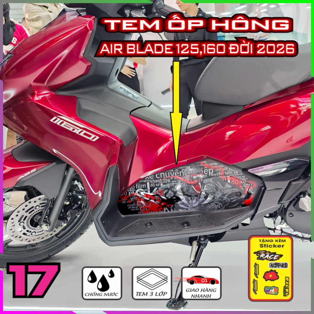 Tem Trang Trí Ốp Hông Air Blade 2026 Decal Cal Nhám Bảo Vệ Dàn Áo, Keo Pvc Co Giản 4 Chiều
