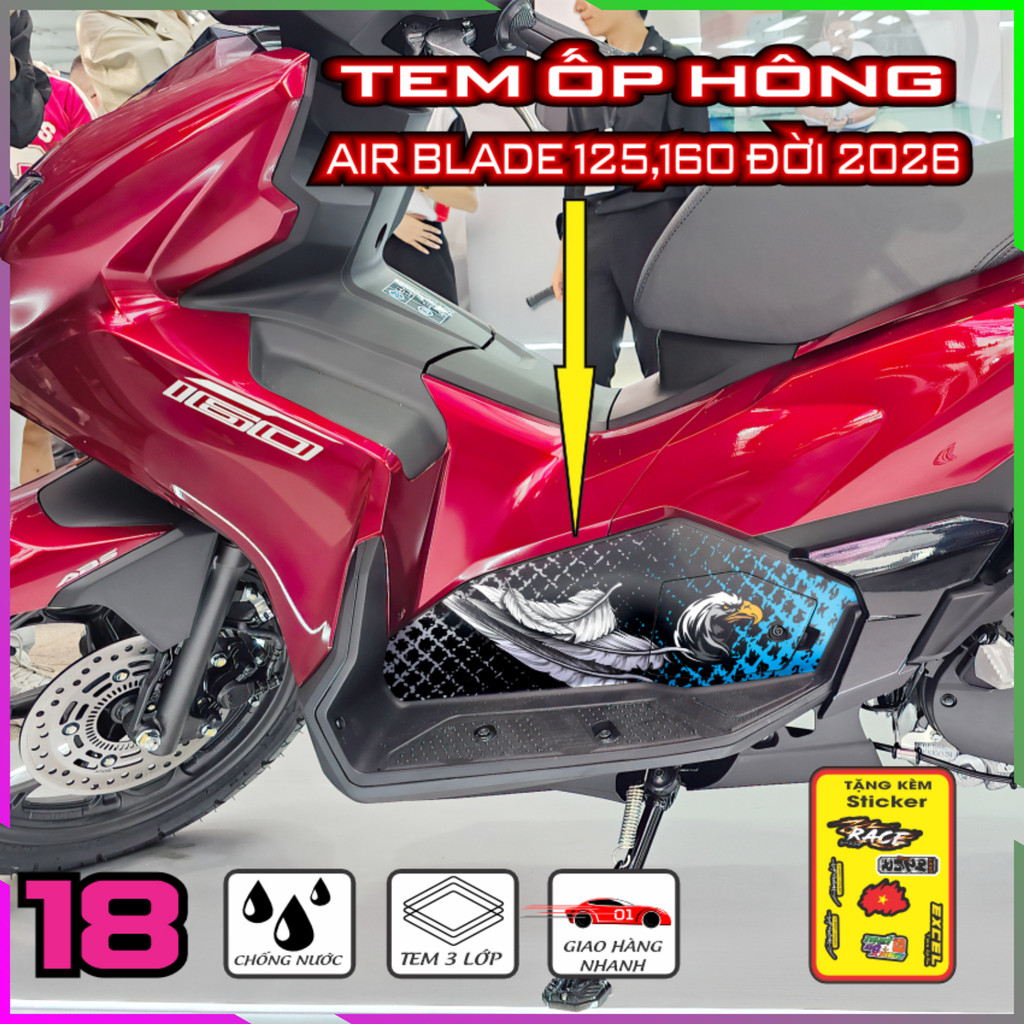 Tem Trang Trí Ốp Hông Air Blade 2026 Decal Cal Nhám Bảo Vệ Dàn Áo, Keo Pvc Co Giản 4 Chiều