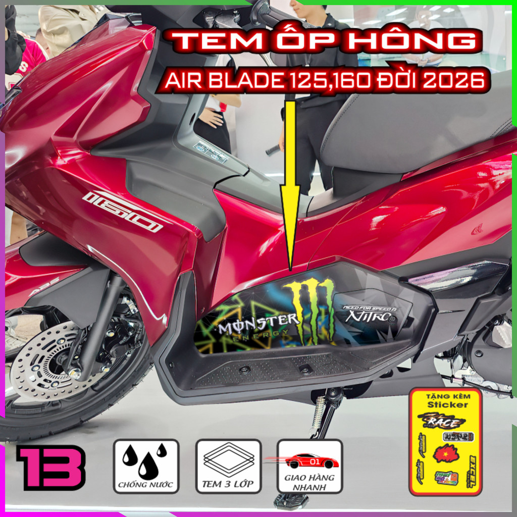 Tem Trang Trí Ốp Hông Air Blade 2026 Decal Cal Nhám Bảo Vệ Dàn Áo, Keo Pvc Co Giản 4 Chiều
