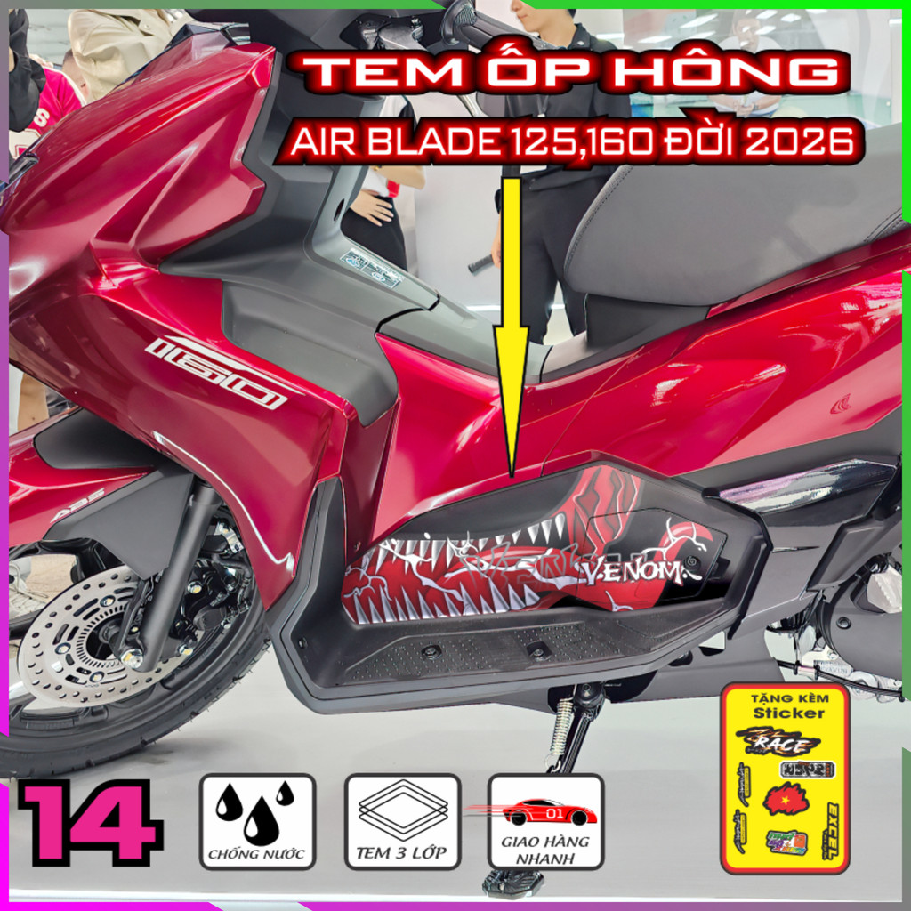 Tem Trang Trí Ốp Hông Air Blade 2026 Decal Cal Nhám Bảo Vệ Dàn Áo, Keo Pvc Co Giản 4 Chiều