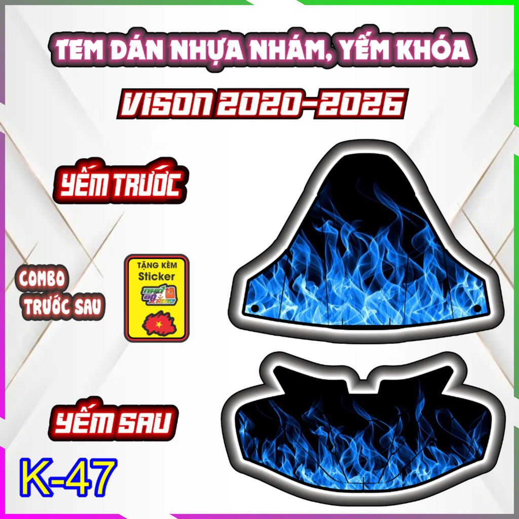 COMBO tem trang trí VISION 2020-2026, sticker chống trầy hình ngọn lửa và music
