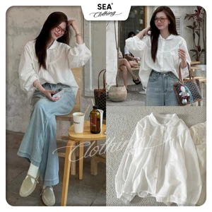 Áo sơ mi nữ cổ sen phối ren dáng rộng tay bồng DIA SHIRT