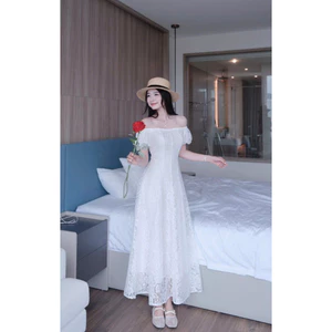 Đầm nữ trễ vai chất ren trắng – đầm công chúa dáng dài nhẹ nhàng mặc đi tiệc, đi biển siêu xinh