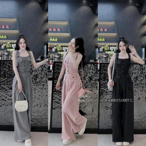 Sét bộ dài chất vải tuyết mưa áo cổ vuông sát nách có túi giả cài nút trước quần dài ống rộng có 3 màu