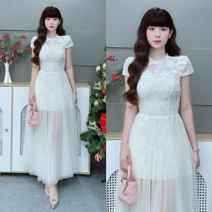 đầm ngắn ren hoa nổi cổ kín phối lưới dài đi tiệc đám cưới du lịch thiết kế sang trọng giá rẻ
