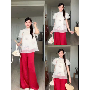 Set bộ thời trang nữ chất Tơ thêu hoạ tiết nổi cổ tàu tay ngắn bồng nhẹ dáng eo vừa vặn phối quần ống rộng kiểu bánh bèo