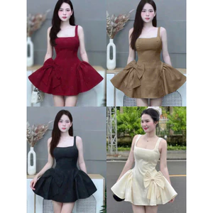 Đầm mini thời trang Nữ 2 dây mảnh mai chất xược hàn đính nơ eo váy xòe bay bổng kèm quần có mocking sau hiện đại