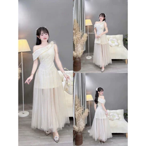 Đầm thời trang Nữ thanh tao nhã nhặn chất ren sang xịn lệch vai đính hoa phối tùng phủ lưới dài xòe bay bổng