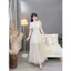 Đầm thời trang Nữ thanh tao nhã nhặn chất ren sang xịn lệch vai đính hoa phối tùng phủ lưới dài xòe bay bổng