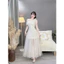 Đầm thời trang Nữ thanh tao nhã nhặn chất ren sang xịn lệch vai đính hoa phối tùng phủ lưới dài xòe bay bổng