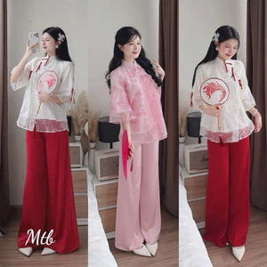 Set bộ đồ lam áo tơ thêu đính nơ phối quần dài tuyết nhung