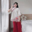 Set bộ đồ lam áo tơ thêu đính nơ phối quần dài tuyết nhung