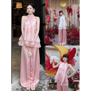 Sét bộ đồ truyền thống mặc đi chụp tết chất gấm cổ yếm 2 tầng phối quần lụa ống suông 2 màu