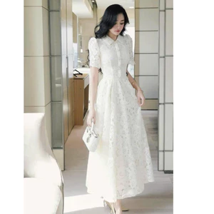 Đầm thiết kế thời trang nữ dự tiệc chất ren 2 lớp cổ sơ mi tay phồng ngắn ôm eo dáng váy dài maxi siêu xinh