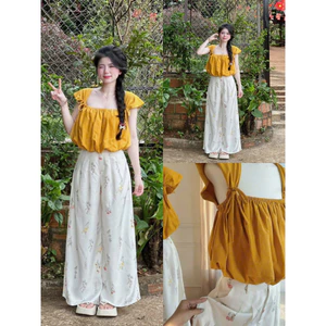 Set bộ thời trang nữ thiết kế thanh lịch chất Tuyết Mưa cổ vuông tay cánh tiên form áo bồng quần ống rộng in hoa