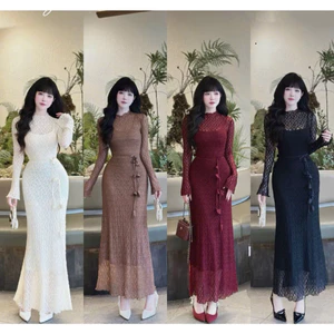 Đầm váy nữ thiết kế 4 màu hiện đại thanh lịch chất ren tay loe cổ tròn kèm áo trong 2 dây có dây hoa eo dáng dài ôm body