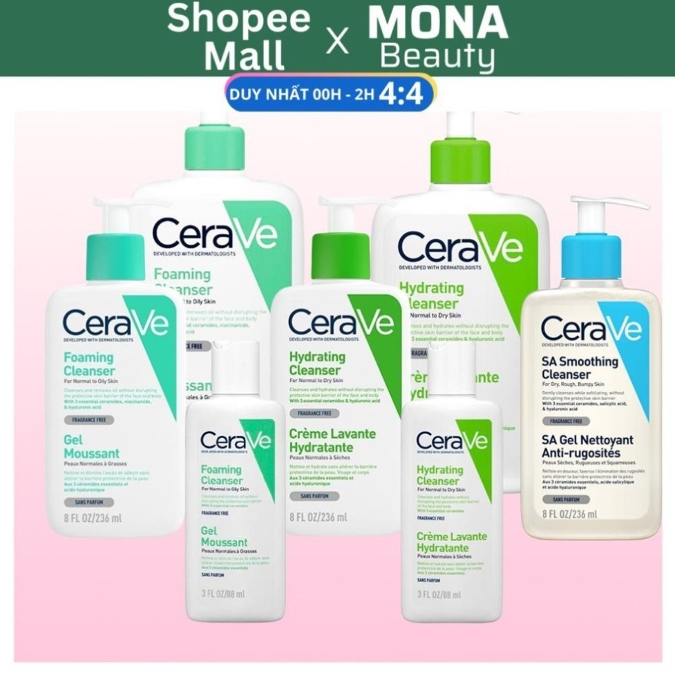 [Shop Mall] Sữa Rửa Mặt CERAVE Foarming & Hydrating Facial Cleanser Sạch Sâu, Dưỡng Ẩm 236ML 473ML
