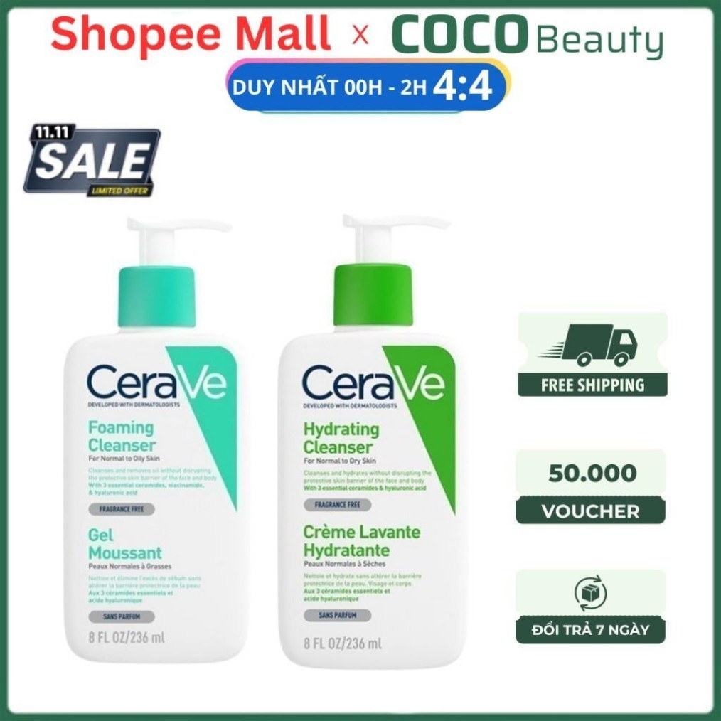 [Shop Mall] Sữa Rửa Mặt CERAVE Foarming & Hydrating Facial Cleanser Sạch Sâu, Dưỡng Ẩm 236ML 473ML
