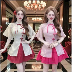 Sét váy thiết kế thời trang nữ mặc tết chất áo tơ thêu cổ truyền thống tay lỡ kèm chân váy tơ 2 lớp mặc tôn dáng
