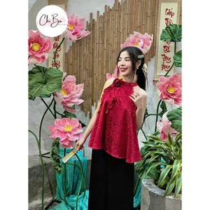 Set đồ nữ đi chơi checkin áo cổ yếm chất gấm đính hoa kèm quần tuyết mưa ống rộng