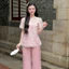 Sét bộ thời trang nữ đi chùa áo chất Tơ thêu họa tiết hoa có đính nơ cổ tròn tay ngắn phối quần lụa ống rộng xinh xắn