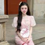 Sét bộ thời trang nữ đi chùa áo chất Tơ thêu họa tiết hoa có đính nơ cổ tròn tay ngắn phối quần lụa ống rộng xinh xắn