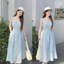 Đầm lụa sọc 2 dây mảnh cổ vuông họa tiết in nơ nhí chéo dây sau váy dài xòe trẻ trung cá tính cho nàng