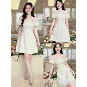 Đầm thời trang Nữ siêu nhẹ nhàng cuốn hút chất rubi hàn trễ vai tay ngắn bồng form ngắn xòe đính phụ kiện dễ thương