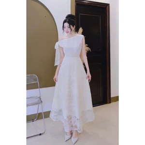 Đầm lệch vai cột nơ thời trang nữ đi chơi đi tiệc sang trọng chất ren 2 lớp cổ trễ vai tay ngắn dáng váy dài maxi