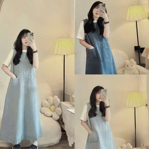 Set yếm váy thời trang nữ chất jeans dày dặn yếm 2 dây mảnh dáng dài kèm áo lót thun tay ngắn cổ tròn xinh xinh