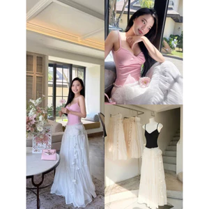 Set váy maxi nữ chất áo thun gân 2 dây phối chân váy tơ dài dáng xòe cuốn bông xinh xắn cho nàng