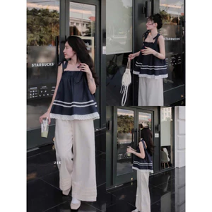 Set bộ thời trang nữ cực xinh cho nàng vải áo manggo 2 dây nơ mix quần dài đũi ống rộng thoải mái thiết kế đơn giản