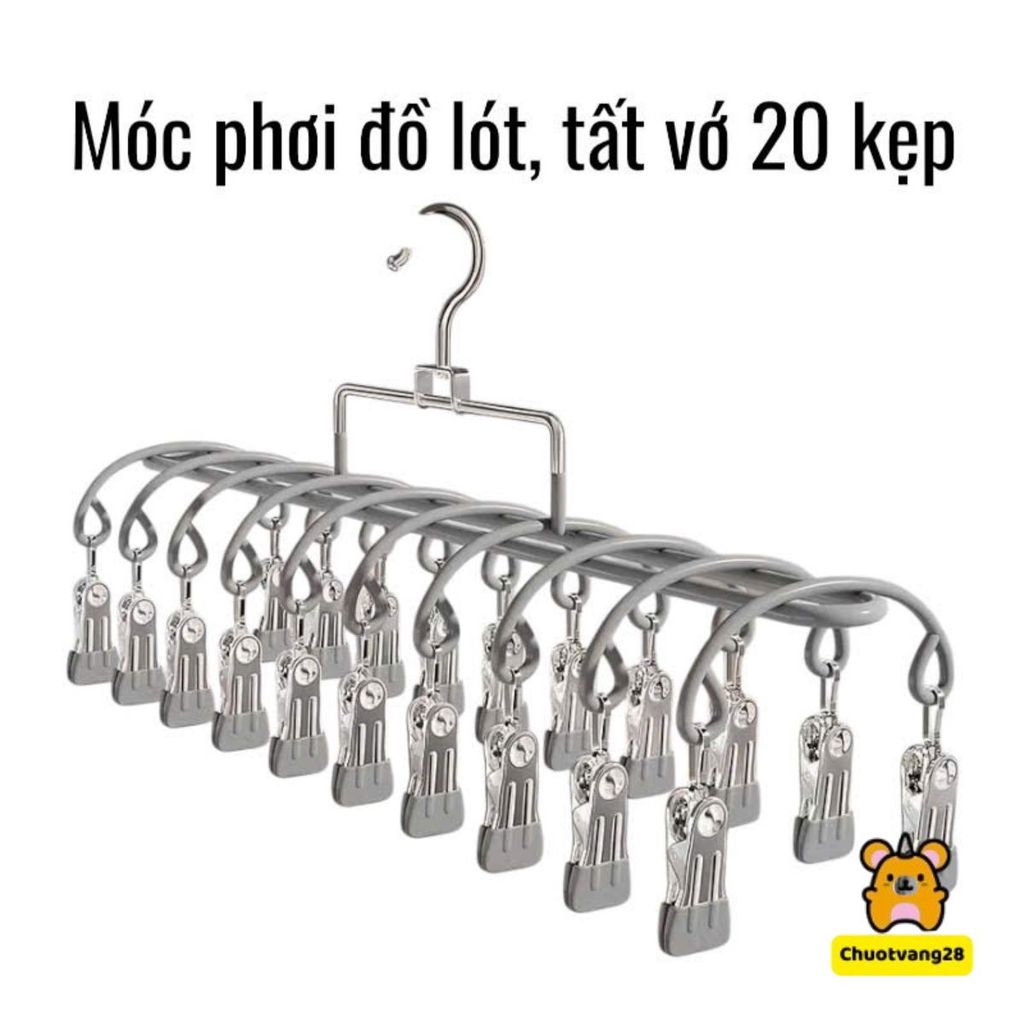 Móc Treo Quần Áo Phơi Tất Vớ Đồ Lót Khăn Sữa Trẻ Loại Mới 20 Kẹp Thép Không Gỉ Có Đầu Bọc Silicon Chống Tuột
