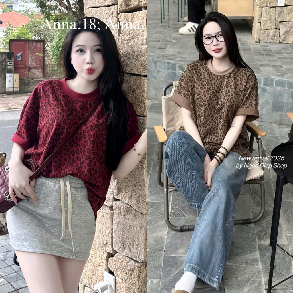 Áo Thun Tay Lỡ Nữ Tính Bling Bling Cổ Tròn In Ful Hoạ Tiết Loang Báo From Rộng Cotton Mềm Mịn Co Dãn