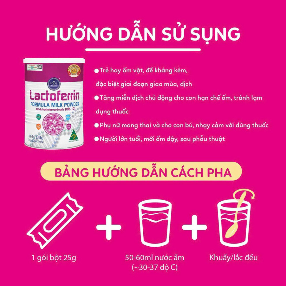Chính Hãng -  Sữa Hoàng Gia Úc Lactoferrin hồng hộp 50 gói hỗ trợ bé tăng đề kháng ăn ngon tăng cân