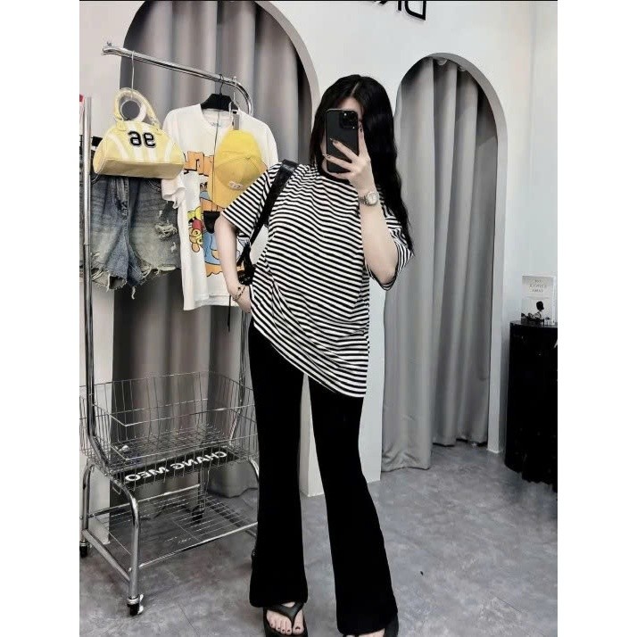 Sét Quần Áo Nữ Hè Hotrend - Áo Vằn Cộc Tay + Quần Dài Ống Loe Bản Trơn Xinh Xắn Phong Cách Hàn Quốc